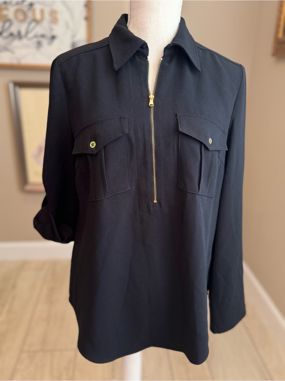 Trina Turk Black & Gold Long-Sleeve Zip Front Top
